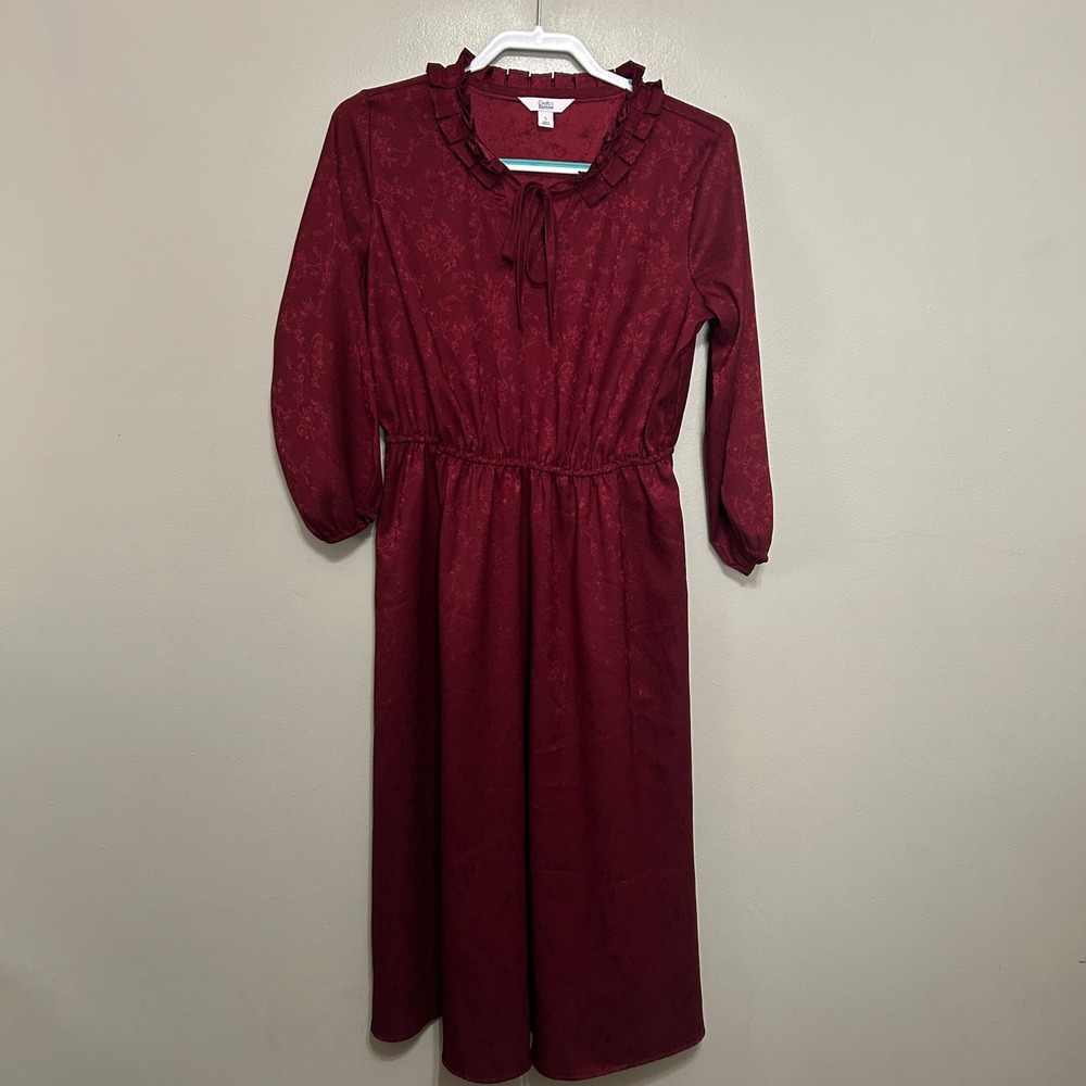 Regencycore Midi Dress S Burgundy Satin Floral Ruffle Tie Victorian Coquette
